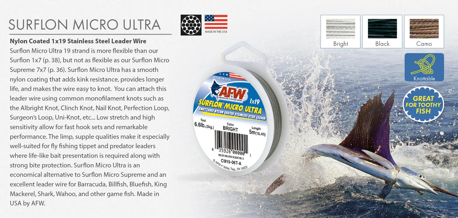 AFW Surflon Micro Ultra 19-Strand Leader Wire for making your own Traces SPRITE Fishing