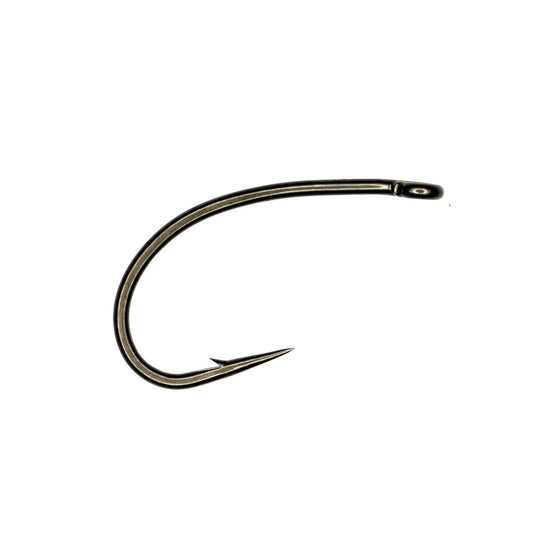 A single clear image of a curved short shank black bream hook