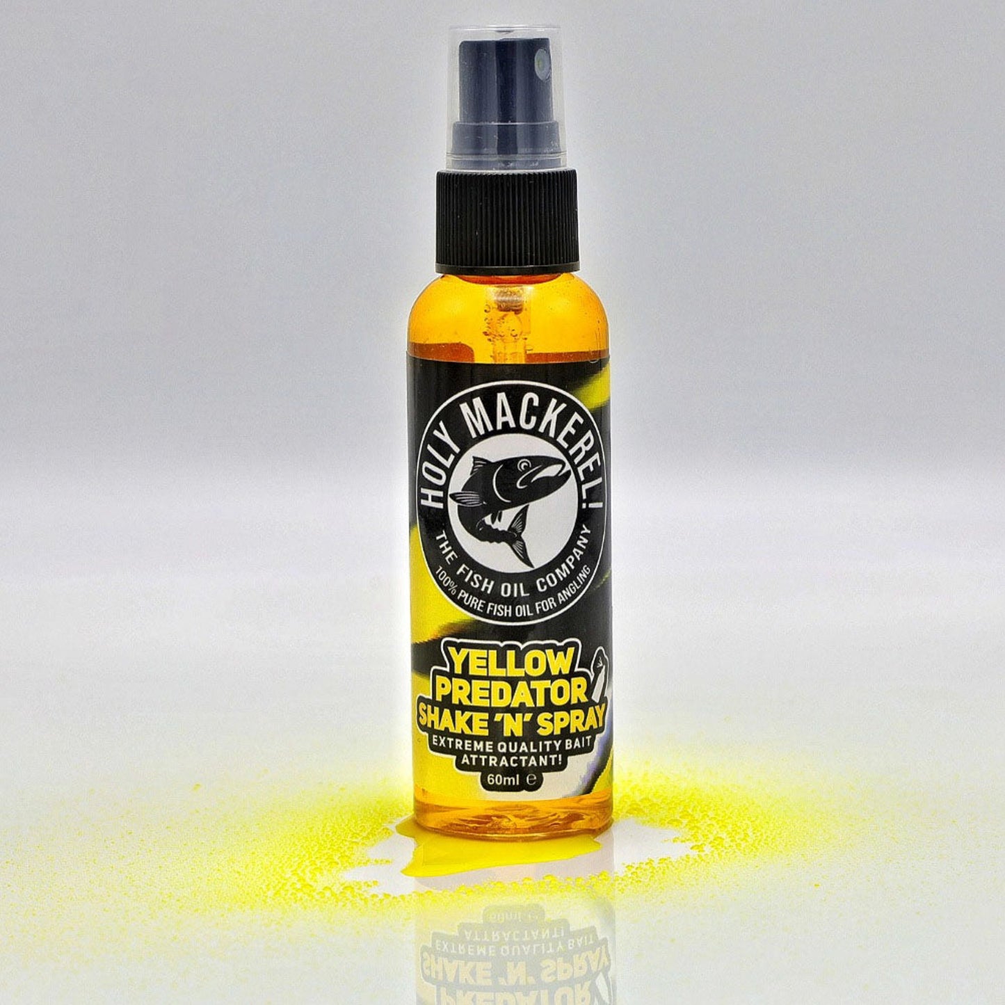 Holy Mackerel! Shake 'n Spray Yellow Predator Bait Attractant Bottle