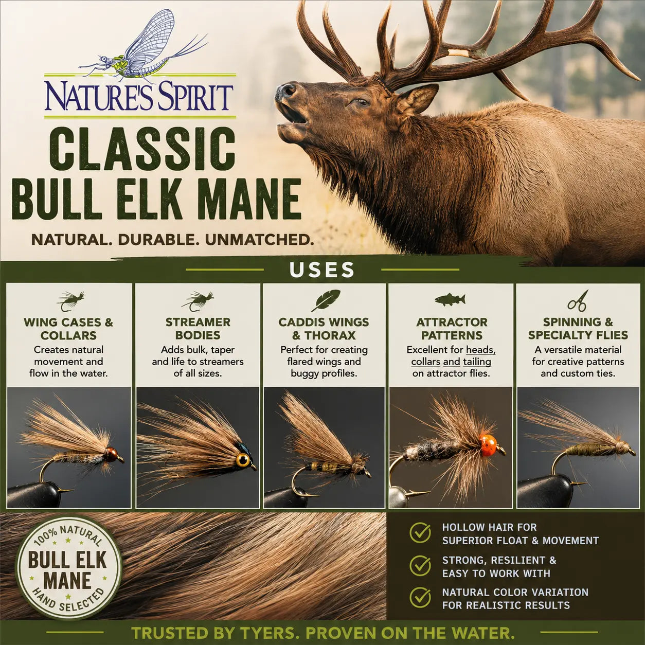 Nature's Spirit Classic Bull Elk Mane Natural Uses - Sprite Fishing