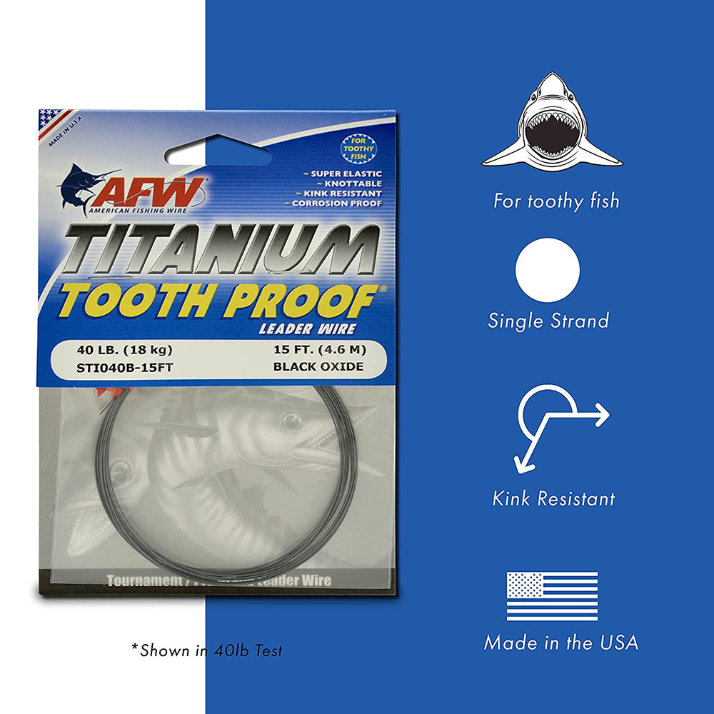 American fishing Wire - Titanium Tooth Proof, Single Strand Leader Wire, Black Oxide, 15 ft / 4.6 m